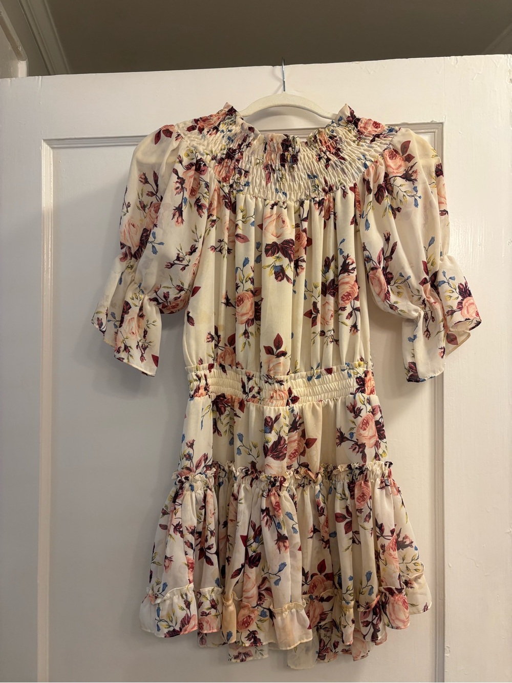 Misa Los Angeles Cream Floral Smocked Mini Dress with Pink Roses